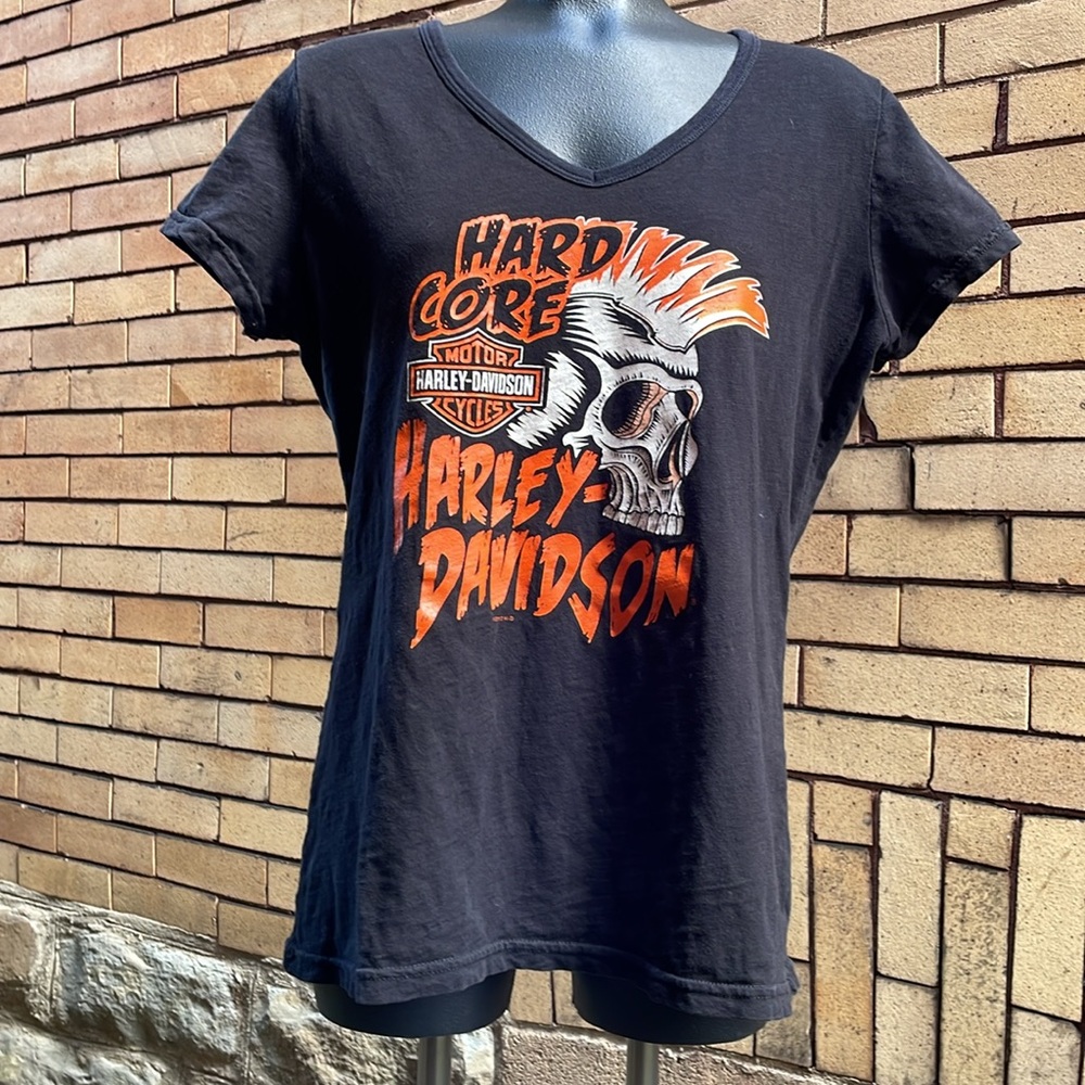 2012 Harley Davidson black orange skull mohawk Hard Core t shirt Measurements